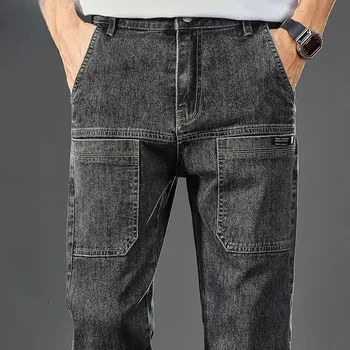 2024 New Six-Pocket Jeans Men's Convenient Cargo Jeans Trendy Brand Youth Straight Work Pants Slim Fit Large Pocket Men's Pants