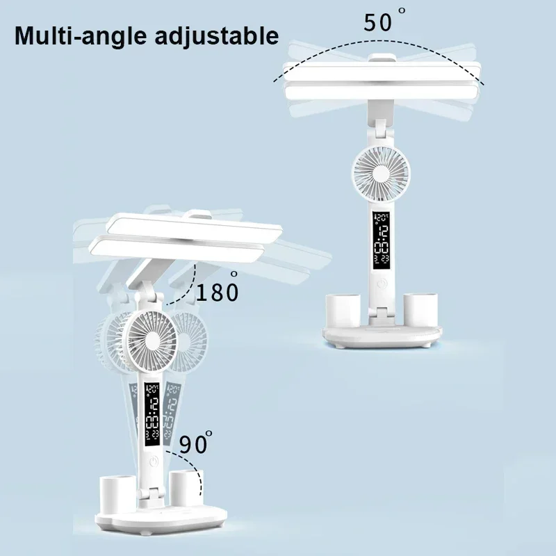 LED Clock Table Lamp USB Chargeable Dimmable Desk Lamps 2 Heads 180 Rotate Foldable Eye Protection Desktop Reading Night Lights 5