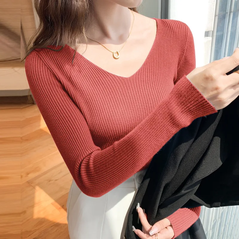 

Autumn Winter 2023 New Bottoming Tops Fashion Solid Knitwear V-neck Sweaters Women Long Sleeve Pullovers Slim Fit Clothes 28827