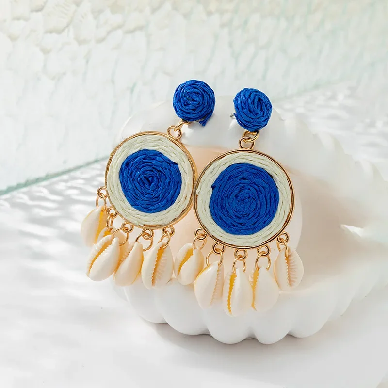 

Fashion Bohemian Handmade Rattan Raffia Tassel Pendant Earrings Women's Summer Ocean Beach Shell Earrings Jewelry