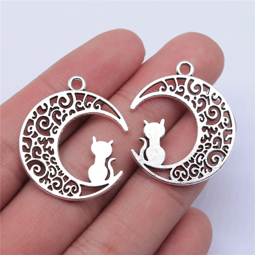 Antique Silver Color Moon Cat Charms Pendant For Jewelry Making DIY Jewelry Findings 10pcs,silver charm,silver charms,jewelry charms,metal charm