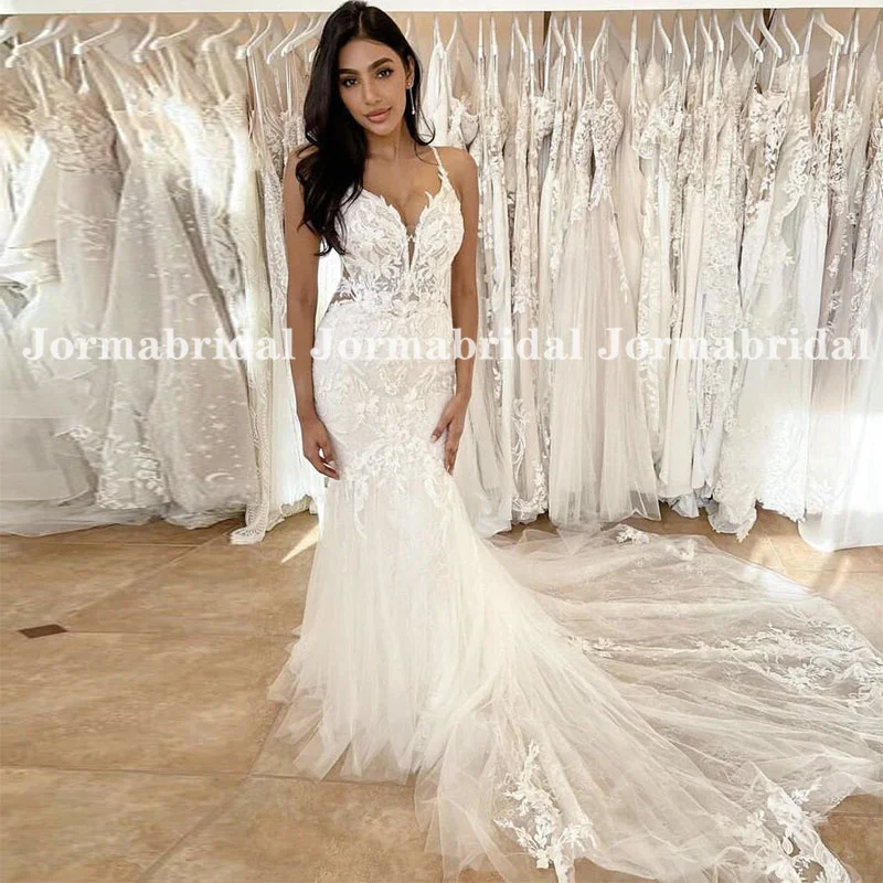 New Arrival New Mermaid Wedding Dresses 2018 Sweetheart Spaghetti Strap Chapel Train Appliques Tulle China Bridal Gowns main image 1