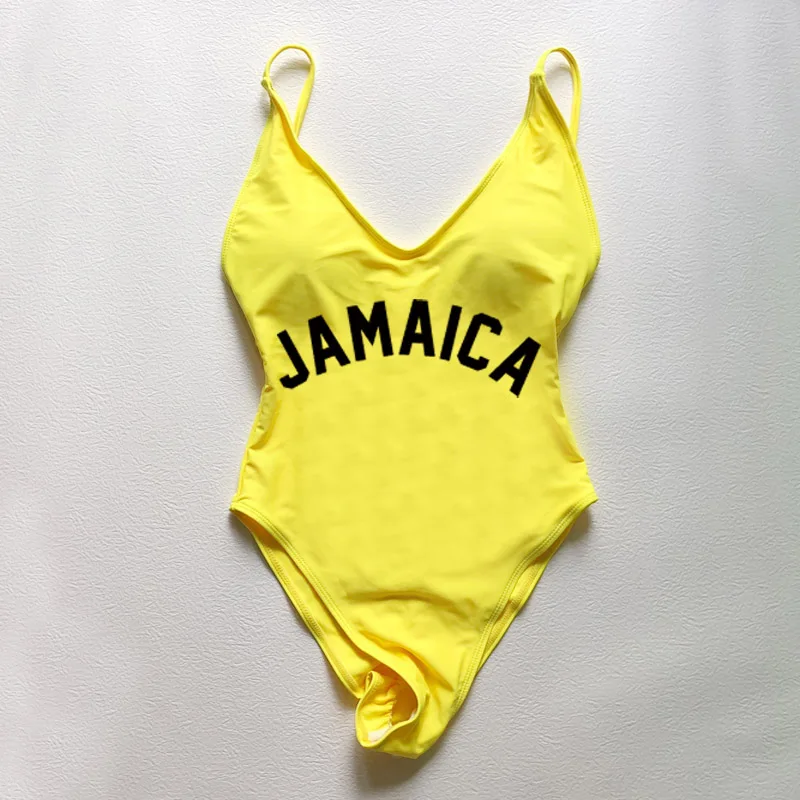 Women's One Piece Swimsuit Sexy Padded JAMAICA Letter Bathing Suit Beachwear