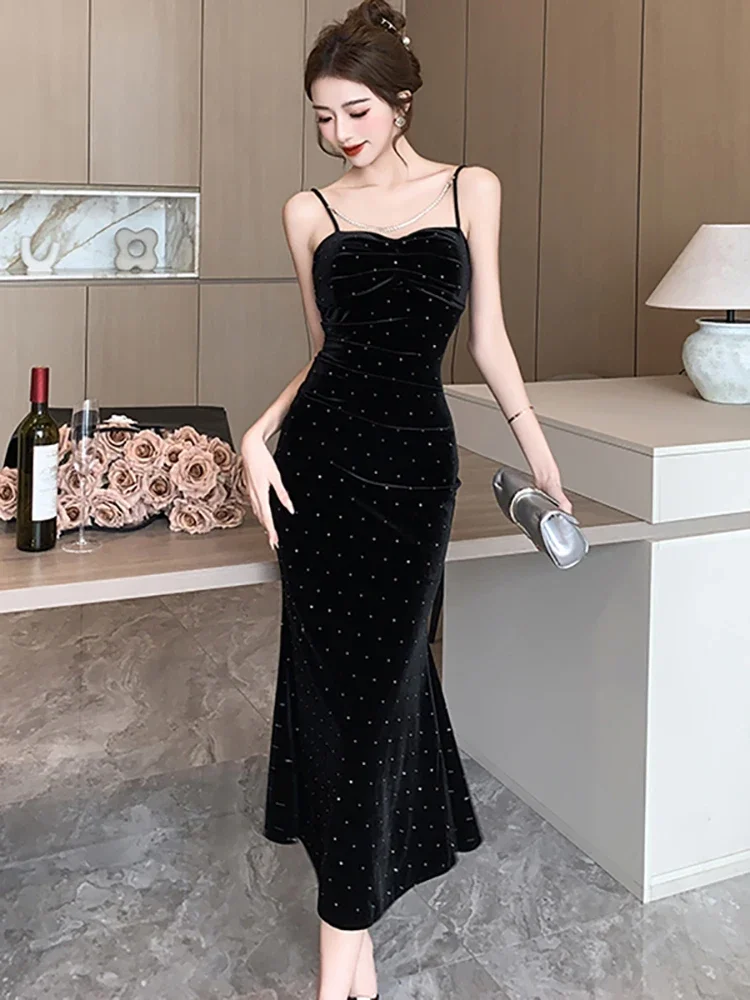

Black Velvet Sequins Sling Female's Clothing Autumn Winter Luxury Elegant Ruffled Mermaid Dress 2023 Korean Vintage Night Dress