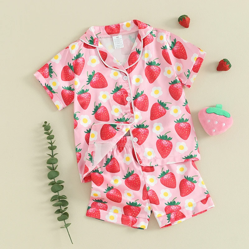 

Toddler Girl Summer Pajamas 12 months 2t 3t 4t 5t 6t 7t Short Sleeve T-Shirt Top Strawberry Shorts Baby Sleepwear Set