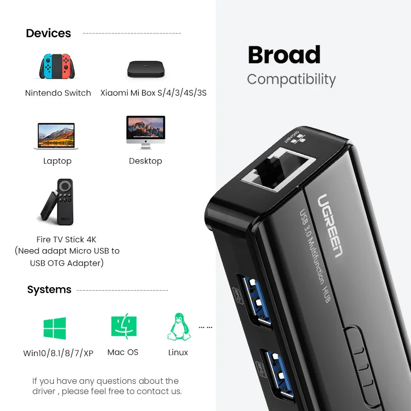 Ugreen Usb3.0 Ethernet Adaptador 1000mbps Usb Rj45 Hub Usb para Portátil Xiaomi mi Caixa s Windows Ethernet Hub Usb Lan Placa de Rede - Imagem 6
