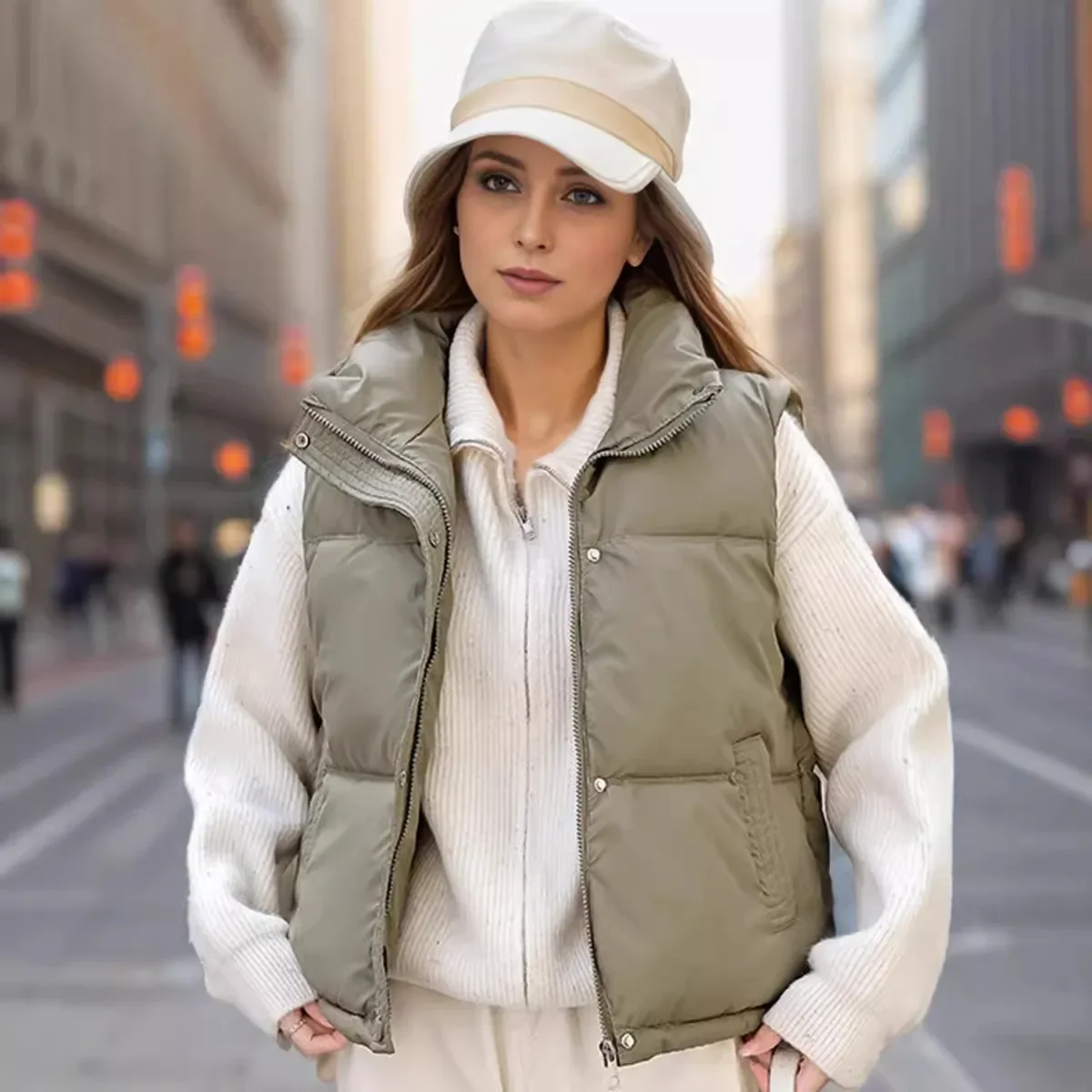 Autumn Winter Women Waistcoat Double Sides Women Sleeveless Vest Coat Stand Collar Short Down Cotton Vest Coat Femme