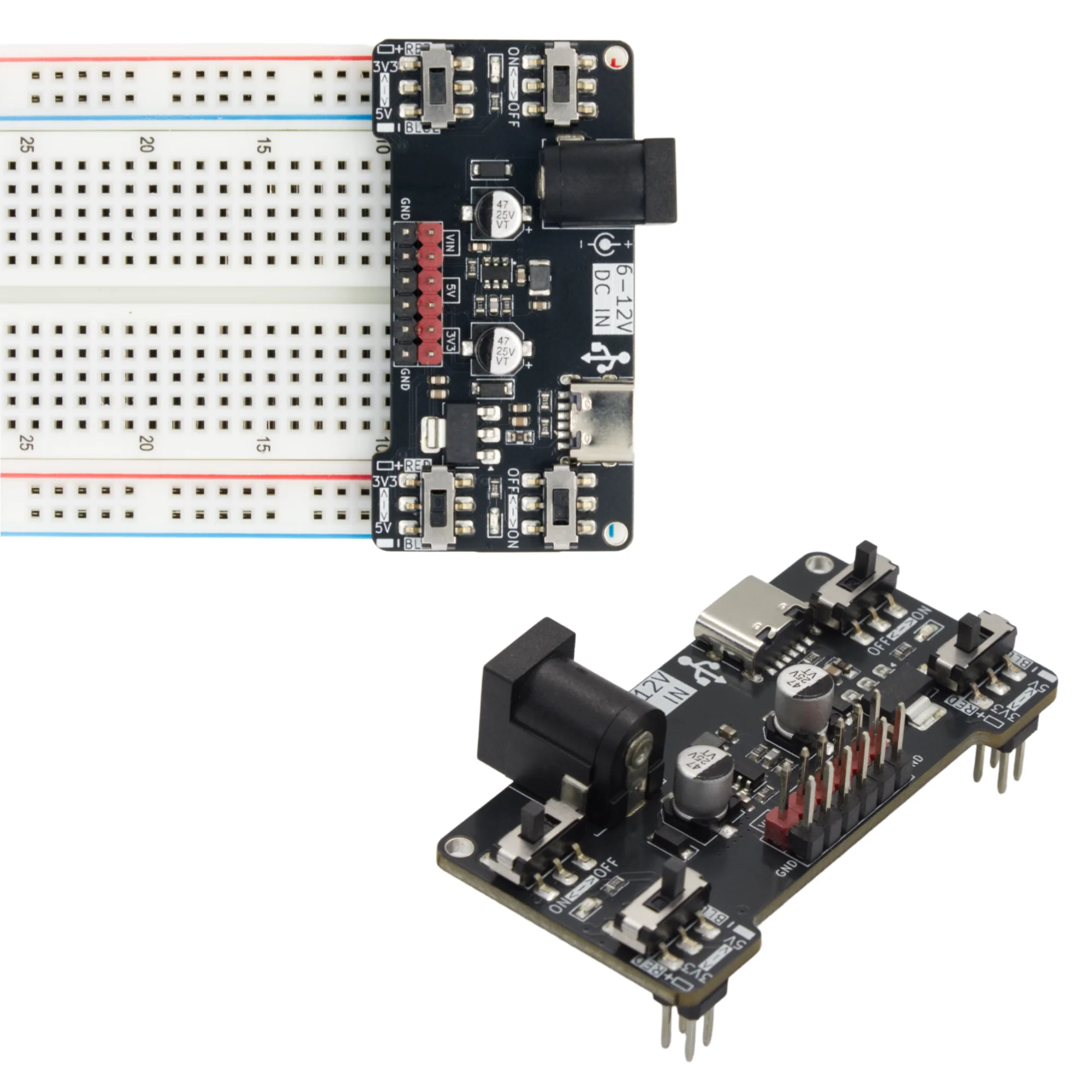 Dual Voltage Breadboard Power Supply with USB-C Interface and Adjustable Output