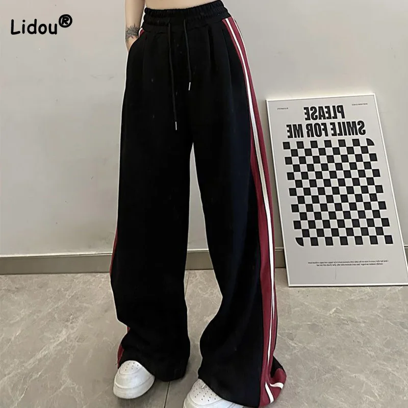 Summer High Street American Casual Pants Women Korean Version Loose Fitting Stripe Print Drawstring Patchwork Pockets Trousers