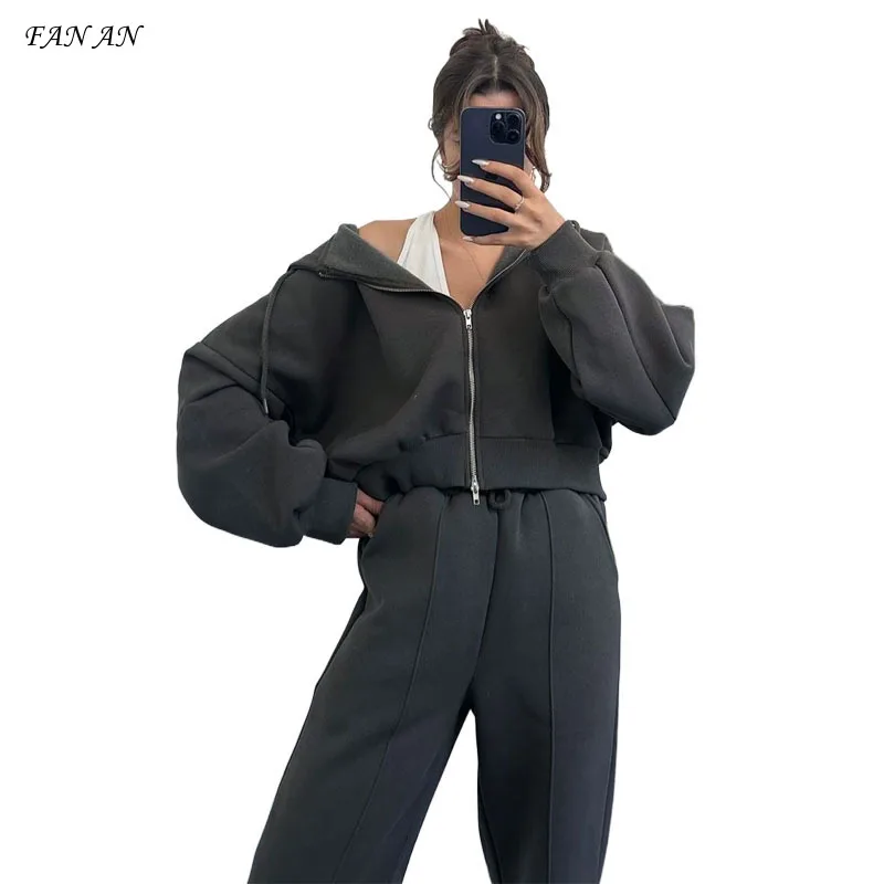 New Autumn and Winter Women's Solid Color Hooded Cardigan Hoodie Coat Jacket Fashion Casual Sweatpants Suit Women's Two-piece