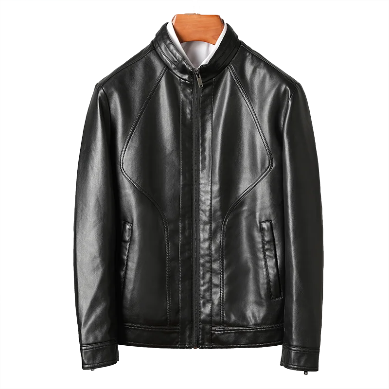 Autumn and Winter Men's Leather Jacket Outdoor Bicycle Windproof Stand Collar Zippered Warm Coat Casual Business Men's Clothing