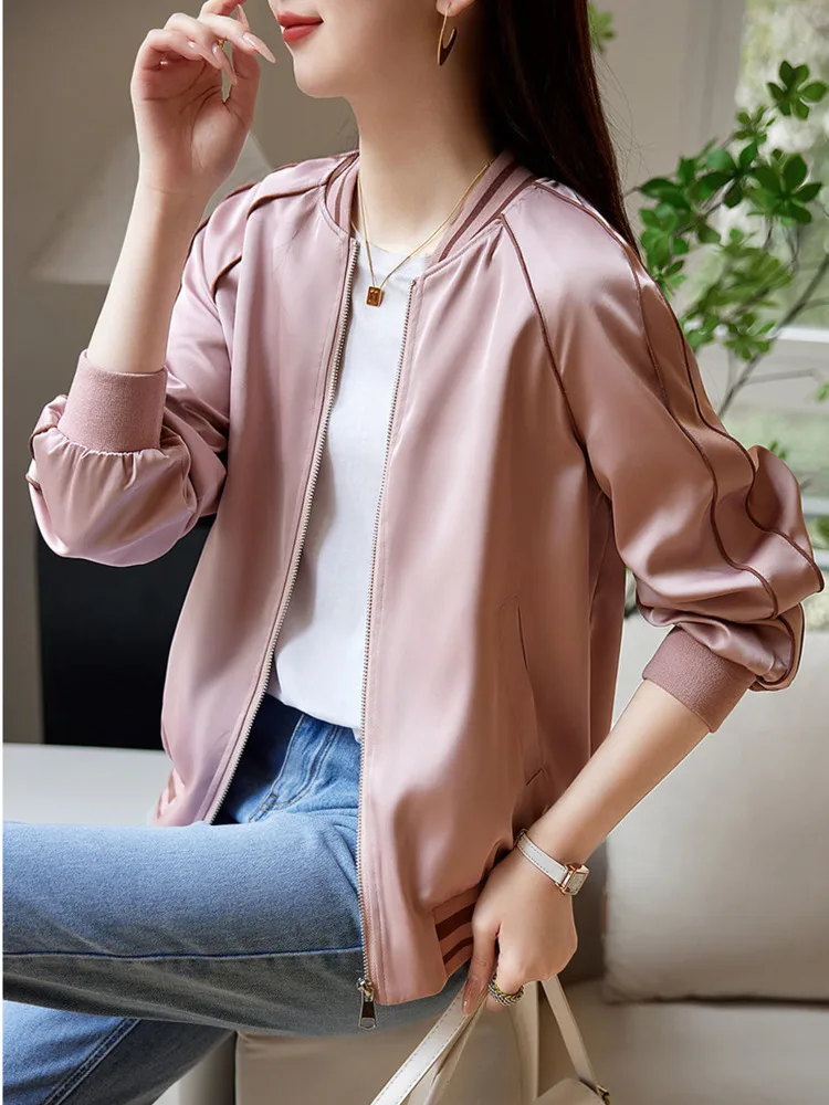 

Women's Satin Baseball Suit in Spring, High Grade Outwear, Foreign Style, Sweet, Small, Loose, Casual Jacket, Thin Short Coat