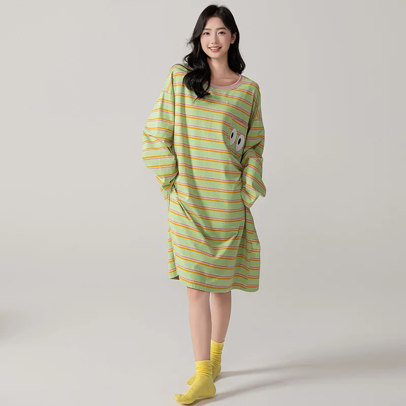 

Autumn Long Sleeved Cotton Nightgown Loose Casual Homewear Women's Sweet Striped Oversize Sleepwear Intimate Lingerie Nightdress