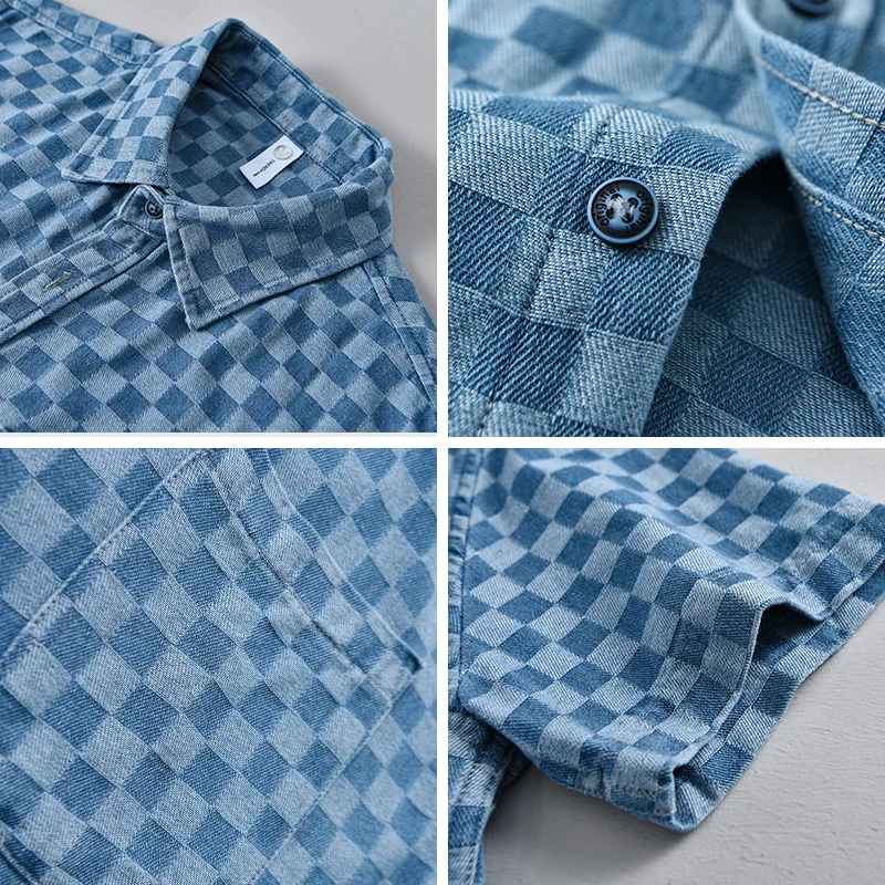 Spring Summer Denim Pure Cotton Short Sleeve Shirts For Men denim shirt Clothing Plaid Soft Shirts DC8859