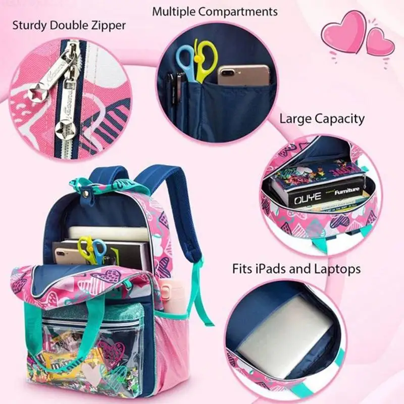 School Bags Set for Girls with Heart Pattern Children's Travel Suitcase Lunch Bag Pencil Case Set Large-capacity School Backpack