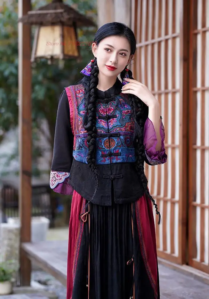 

2024 flower embroidery qipao vest women hanfu tops women chinese vest waistcoat mandarin collar women vest elegant tang suit