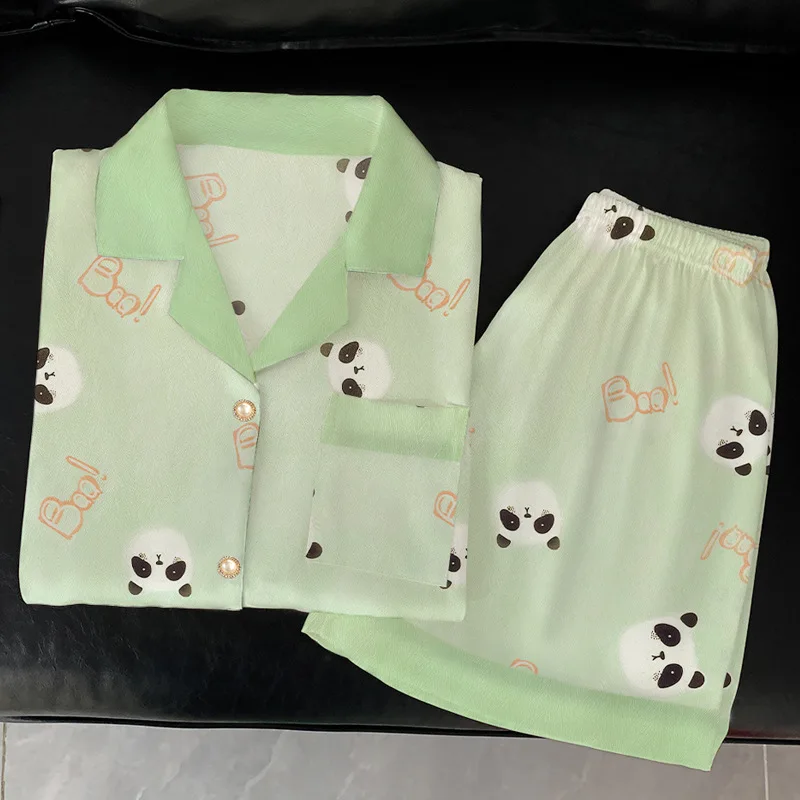Summer Women's Ice Silk Fashion New Cartoon Pajamas Homewear Set Girls Color Collision Lapel Short-Sleeved Casual Homewear Set 24 Summer Women's Ice Silk Fashion New Cartoon Pajamas Homewear Set Girls Color Collision Lapel Short-Sleeved Casual Homewear Set - Image 4