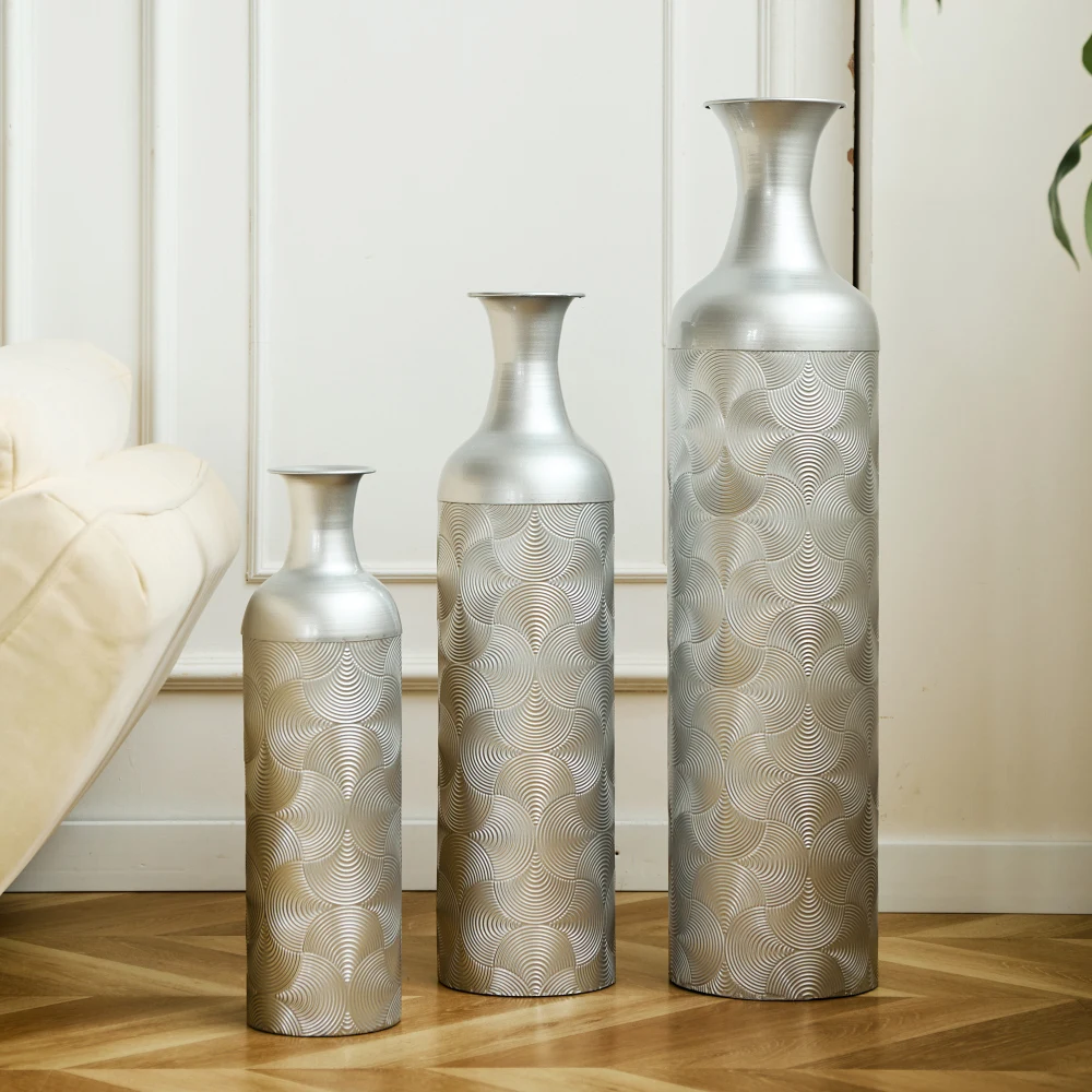 3-teilige Retro-Bodenvasen aus Metall in Weißgold (83/65/50 cm hoch), große dekorative Vasen für Wohnzimmer/Schlafzimmer, passend für Pampas-Zweige – Detail 15