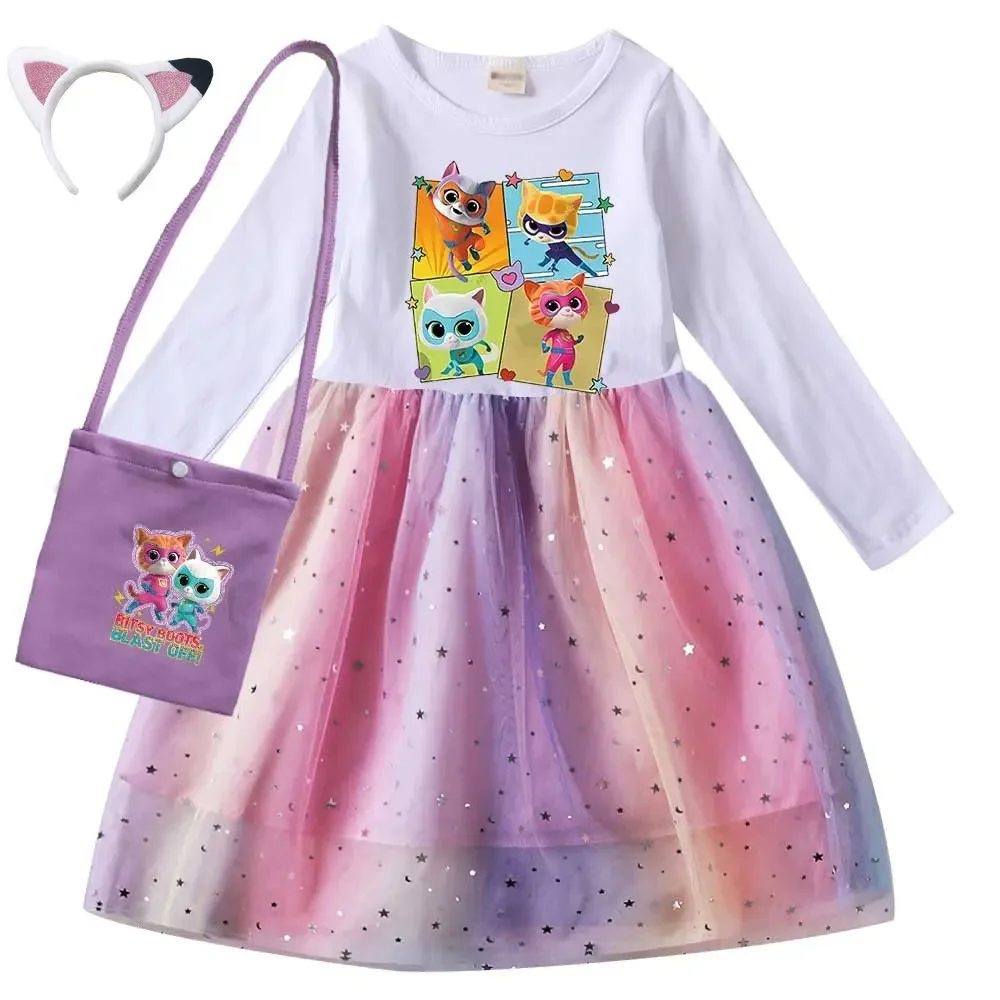 

2023 Autumn Anime Superkitties Clothes Kids Long Sleeve Princess Mesh Tutu Dress Baby Girls Cartoon Cats Elegant Party Vestidos