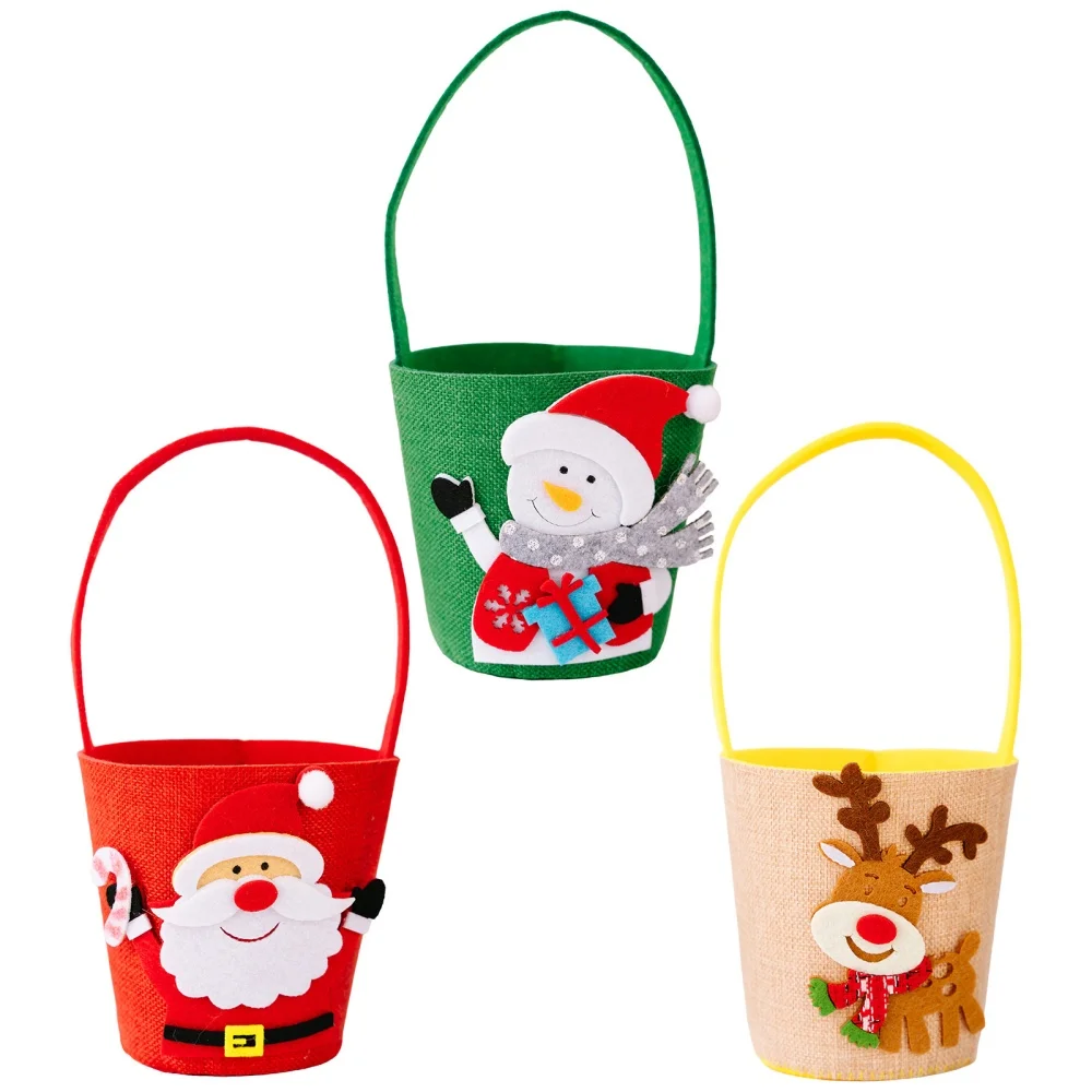 Christmas Cartoon Gift Bucket Children's Portable Candy Bag Santa Claus Snowman Elk Cloth Handbag for Kids Xmas Party Supplies