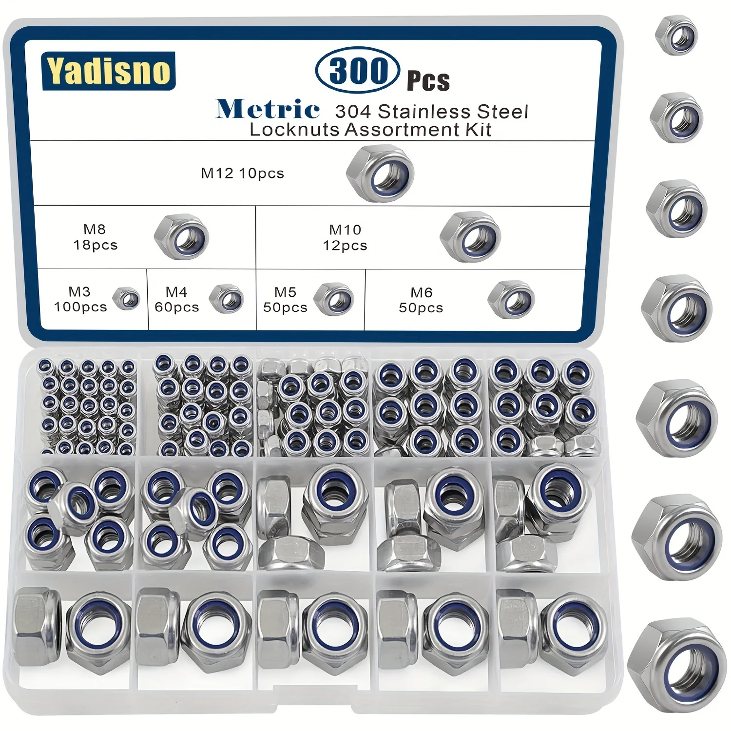 188/230/300pcs 304 Stainless Steel Lock Nut Assortment Kit Metric Nylon Insert M3 M4 M5 M6 M8 M10 M12