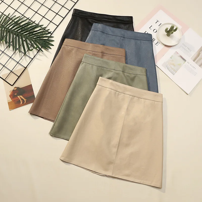 

2023 New Autumn Winter 5 Colors Leather Skirt Solid Color High Waist Faux Leather Skirt for Women Skirts Mujer New Mulher T401