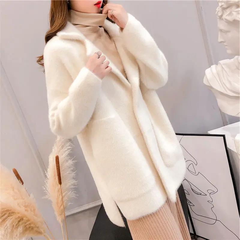 

2023 Women Spring Autumn Faux Mink Cashmere Cardigan Female Elegant Solid Color Sweater Lady Thick Warm Knitted Long Coat Z996