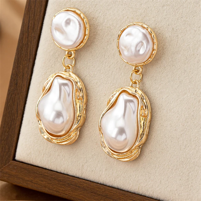 Boucles d'oreilles en perles baroques irrégulières pour femmes, exquises, Vintage, Style français, couleur or, bord en métal, accessoire de bijoux