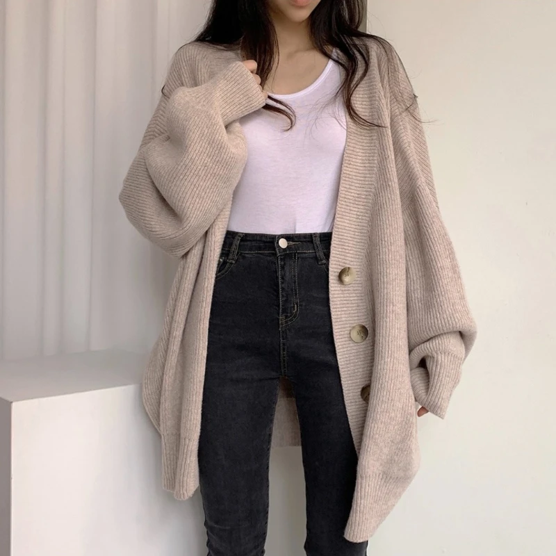 New Autumn and Winter Fashion Women's Clothing Casual V-neck Single-breasted Loose Lantern Sleeve Knitted Cardigan Sweater Coat