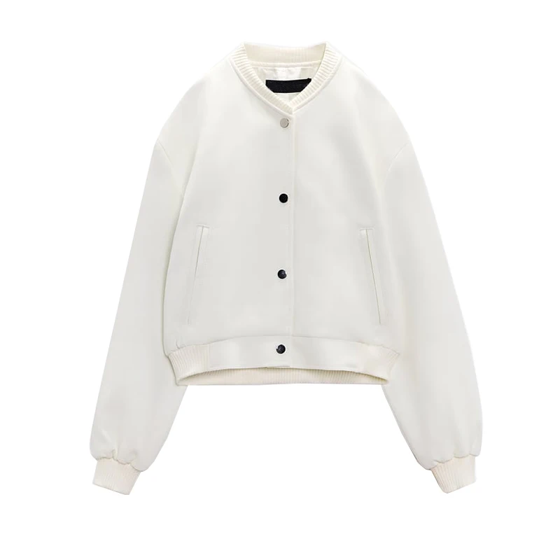 Giacca bomber corta da donna autunnale con bottoni automatici nuovi, girocollo, maniche lunghe, tasca con toppa, capispalla chic da donna_voghion.com