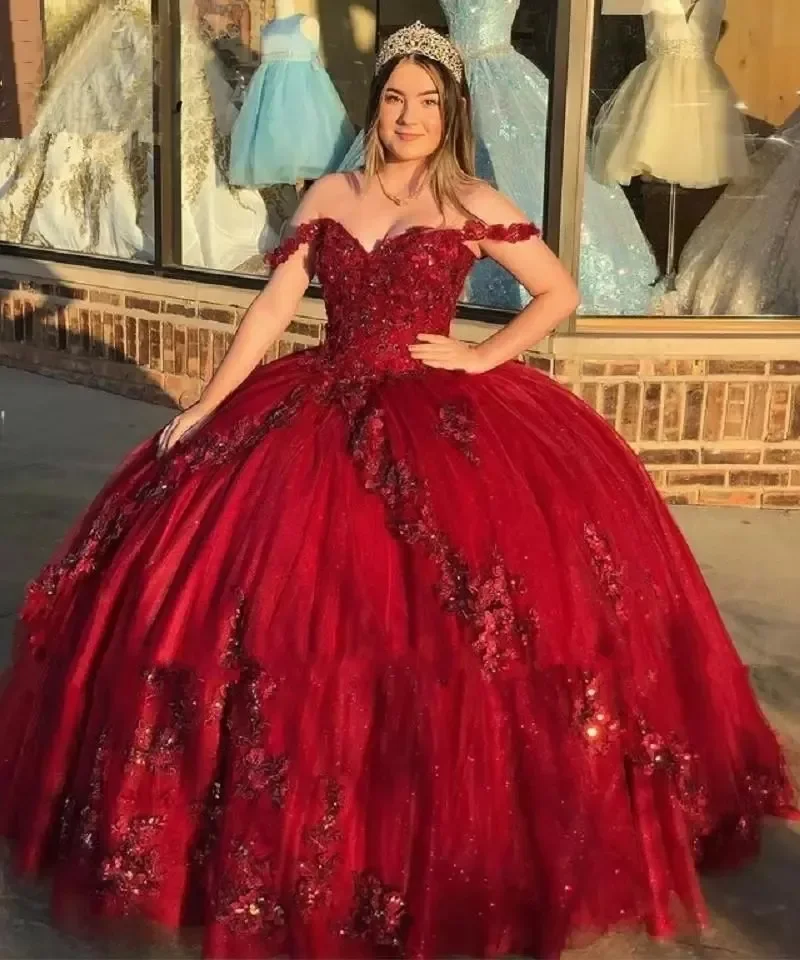 

Glittering Burgundy Princess Quinceanera Dresses Vestidos De 15 Anos Party Off-Shoulder Appliques Sweet 16 Birthday Ball Gown