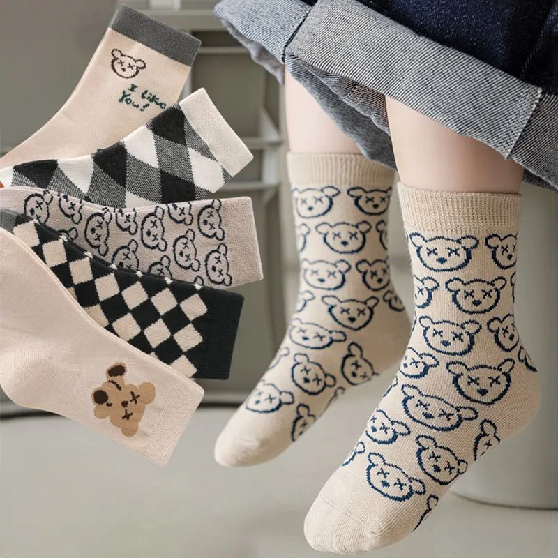 5Pairs/Lot Cute Bear Plaid Baby Socks Spring Autumn Soft Cotton Kids Middle Tube Socks For Boys Girls Casual Sports Sock 3