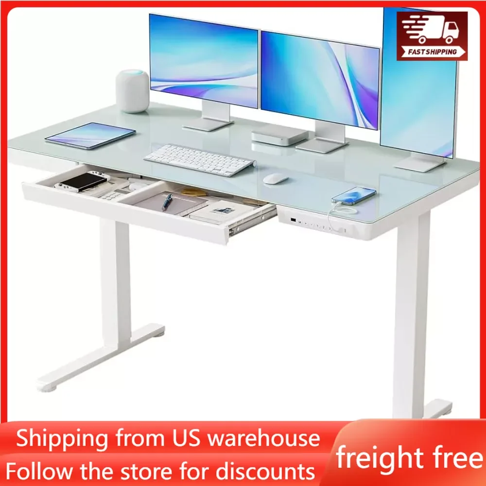 Electric Standing Desk with Drawers,55 Inch Whole-Piece Glass Desktop,Height Adjustable Stand Up Sit Stand Home Office Ergonomic