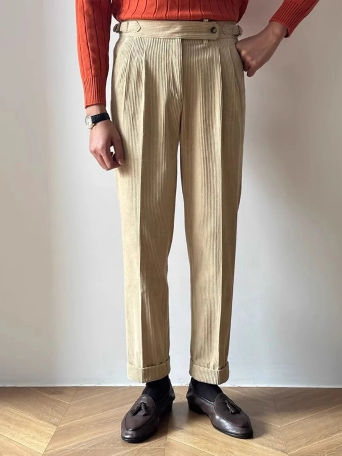 Autumn Winter Italian Vintage Naples Paris Button Corduroy Cuffed Busin Casual Trendy Long Pants Straight Leg Pants