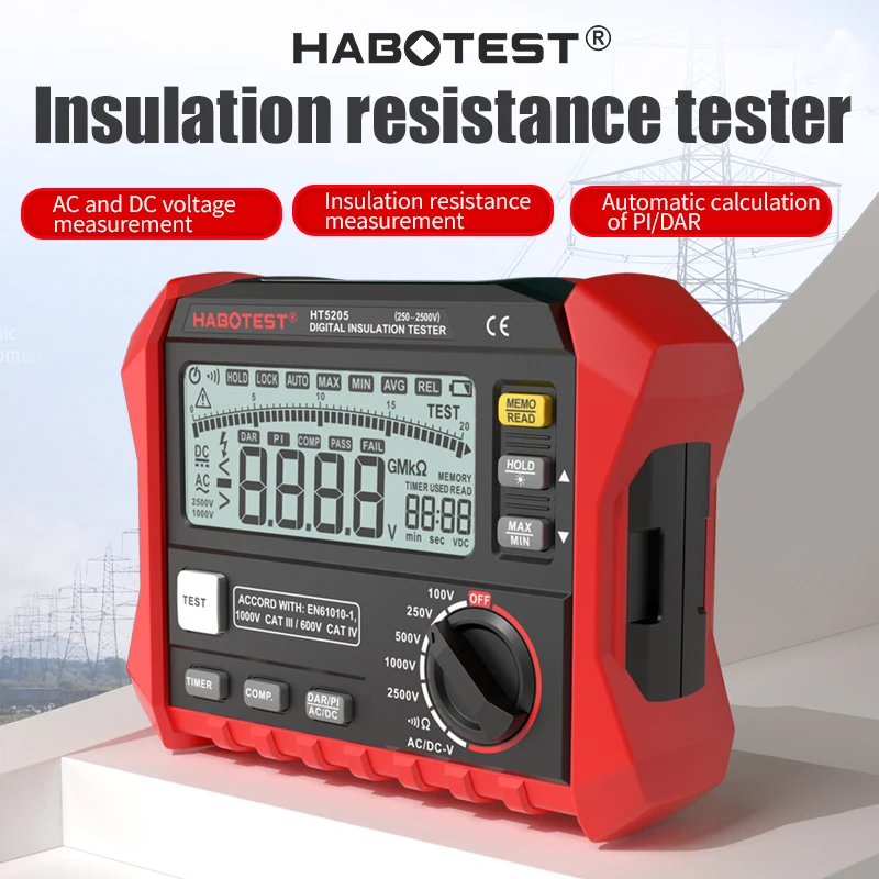 

HABOTEST HT5205 Digital Megohmmeter Meter 250/500/1000V Insulation Earth Resistance Meters Tester cable High Voltage Voltmeter