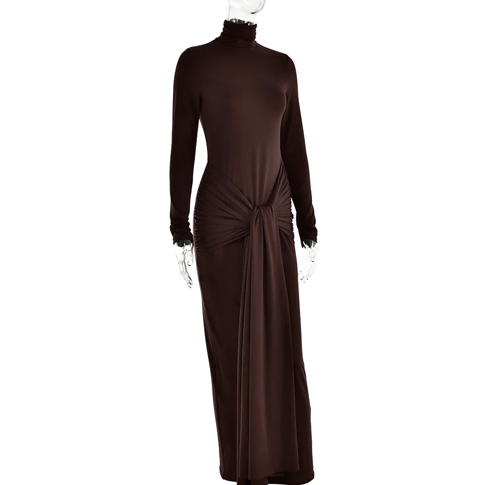 Fashion Bandage Spring Maxi Dress Women Slim Pleated Lace-Up Party Dress Solid Long Dress 2025