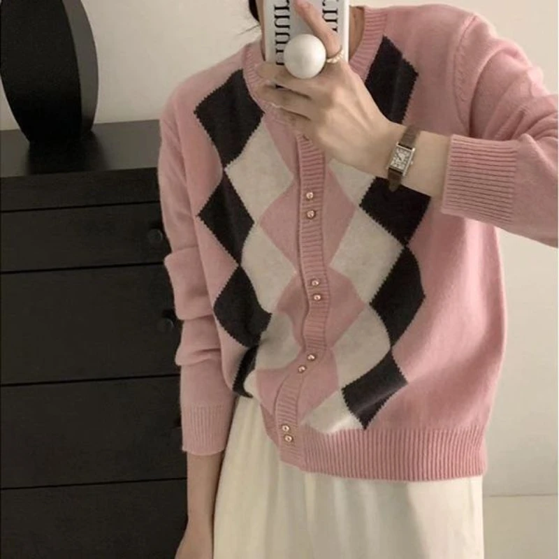 

Diamond Pattern Knitted Cardigan 2023 Autumn Winter Vintage Sweater Mujer Coat Korean Fashion Warm Knitwears Outwear Women Tops