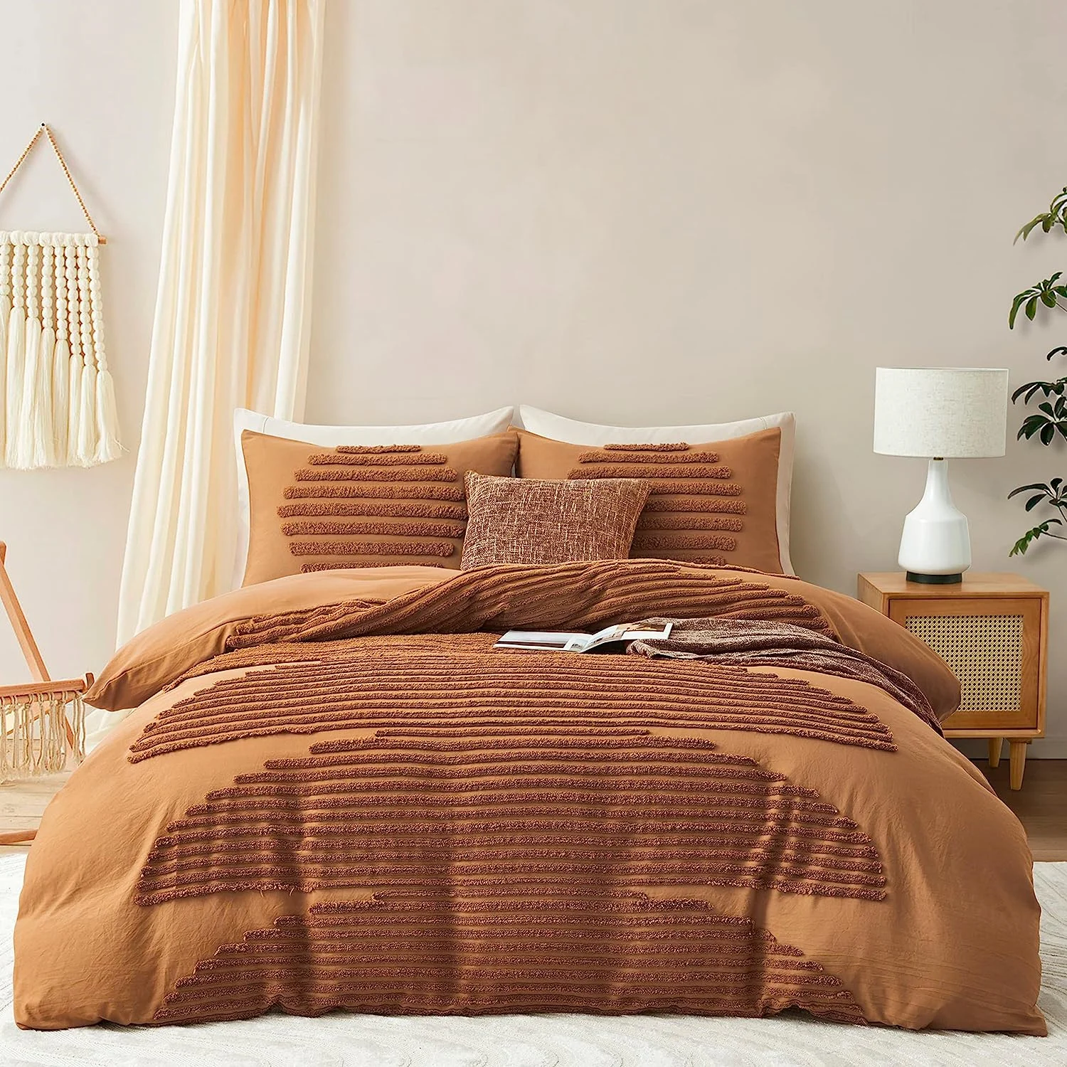 

Duvet Cover Queen(87''נ95'')Size, 3 Pieces Boho Bedding Sets for Shabby Chic Home, Tufted and Soft Comforter Cover Set, Pumpkin