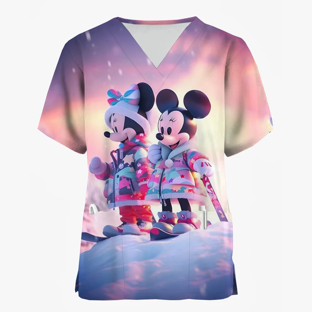 Women Care Nurse Uniform T-Shirt Disney Mickey Mouse Minnie print Christmas Printed Short Sleeve Holiday Pattern Workwear Blous