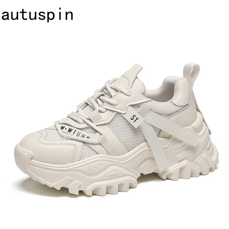 

Autuspin 6cm Cow Leather Casual Shoes Women Spring/Autumn Fashion Breathable Mesh Platform Sneakers Females New Style Size 35-40