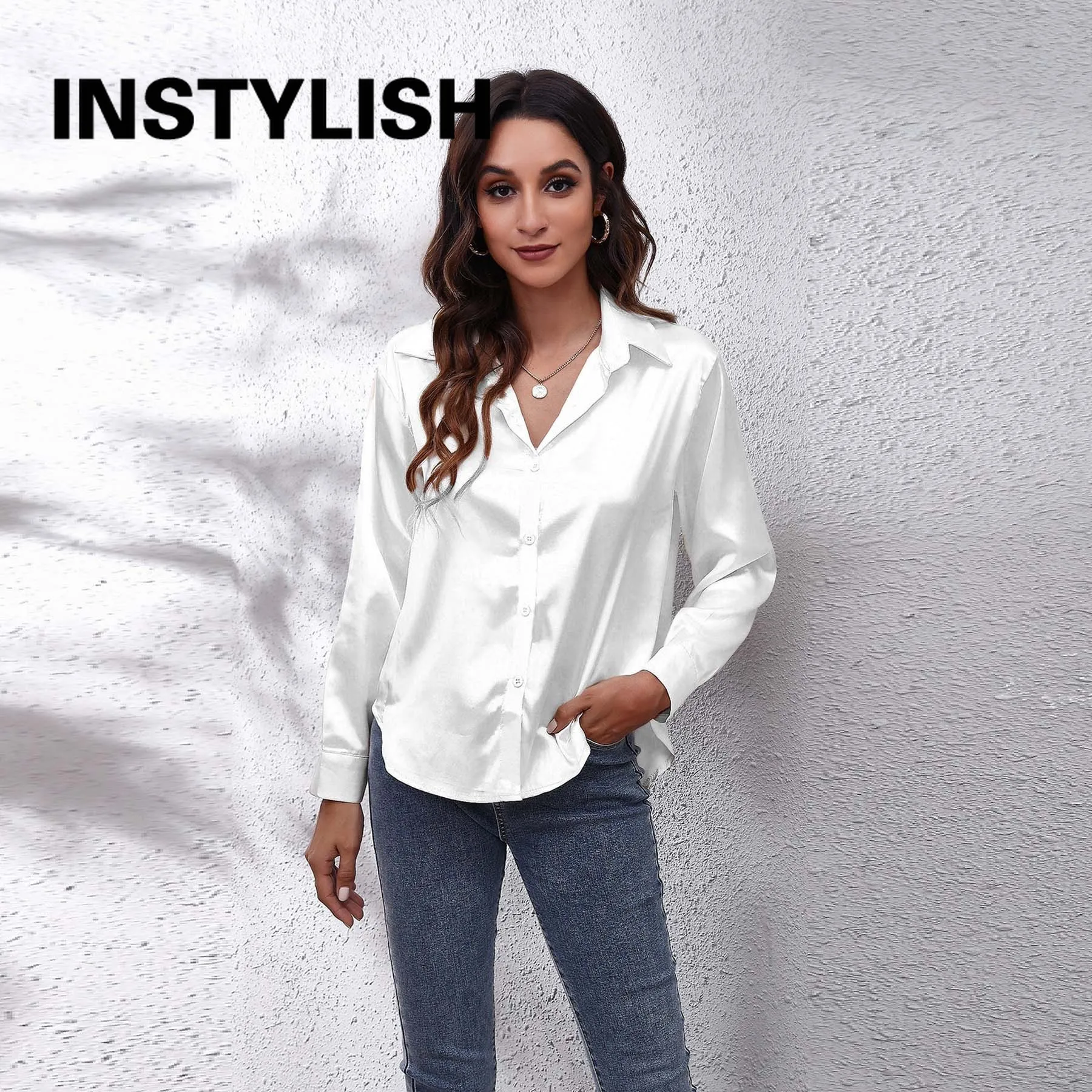Women Elegant Satin Shirt Casual Long Sleeve Fake Silk Blouse Spring Summer Office Lady Tops Female Simple All Match Clothing 4