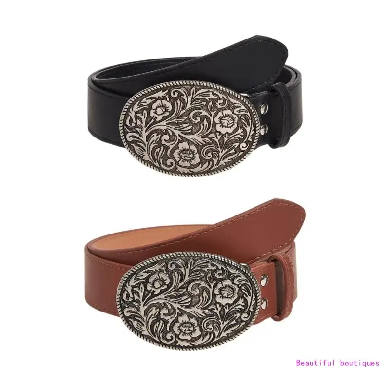 Ethnic Style Waist Belt with Carved Buckle for Adult Personality PU Waist Belts for Women Coat Dress Adjustable Length DropShip