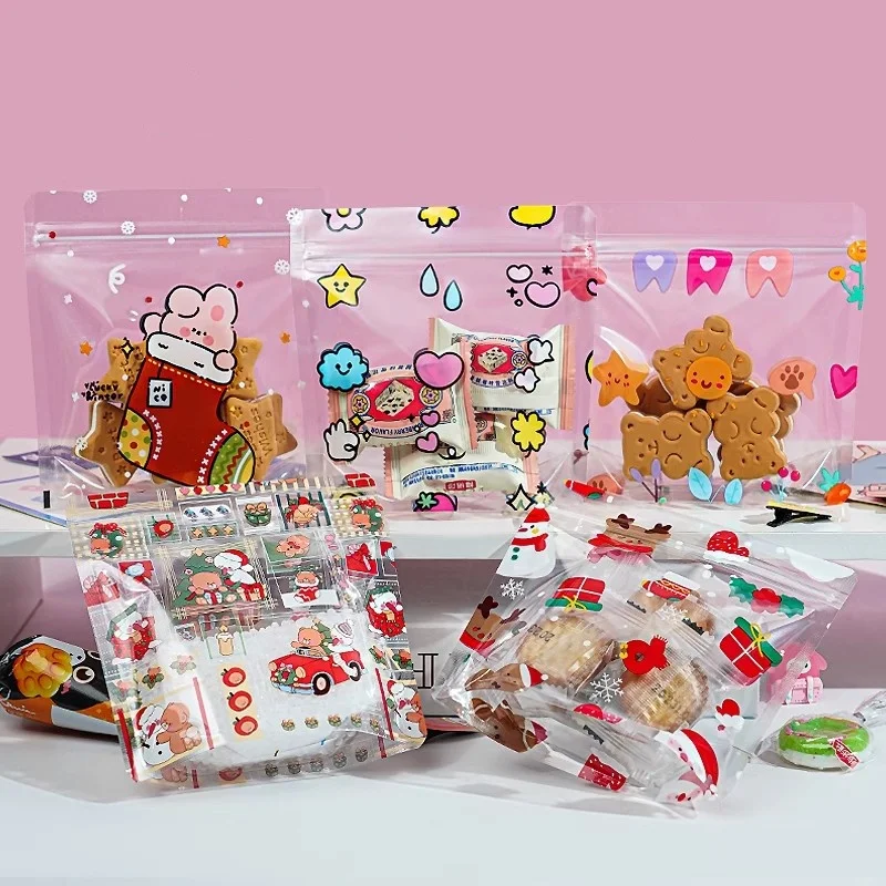 StoBag 10/100pcs 크리스마스 투명 캔디 식품 포장 가방 지퍼 어린이 키즈 선물 플라스틱 봉인 된 쿠키 보관 주머니