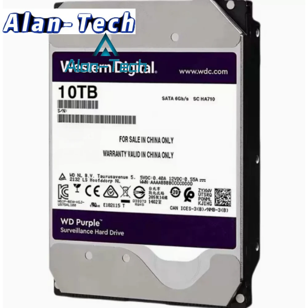 W-D Purple 10TB 3.5" Surveillance HDD PURX Internal Hard Drive Class SATA 6 Gb/s HDD 7200rpm 256M Cache