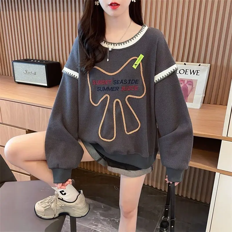 Women Korean Fashion Letter Embroidery Chic Sweet Kawaii Sweatshirts Casual Streetwear O Neck Long Sleeve Loose Pullover Tops