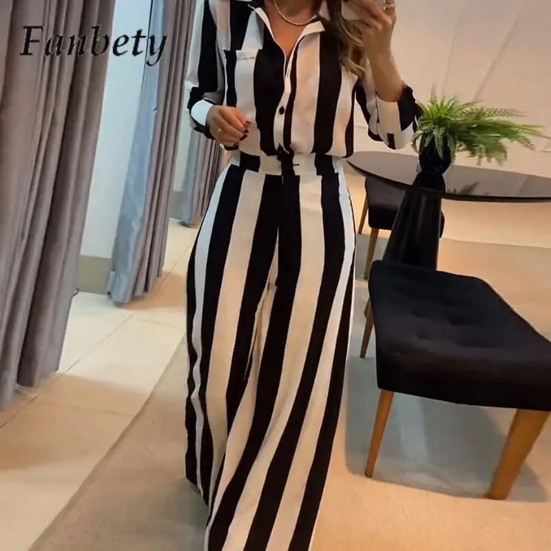 

Fashion Lapel Top And Wide-Leg Trousers Women Elegant Striped Pocket Long-Sleeve Two-Piece Casual Loose High Street Pullover Set