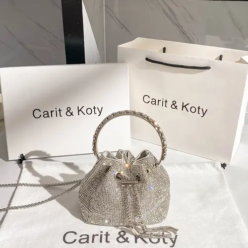 Rhinestones Diamond Evening Clutch Bag Luxury Designer Metal Ring Women's Handbag Wedding Party Bling Bucket Purse Shoulder Bag - Image 2