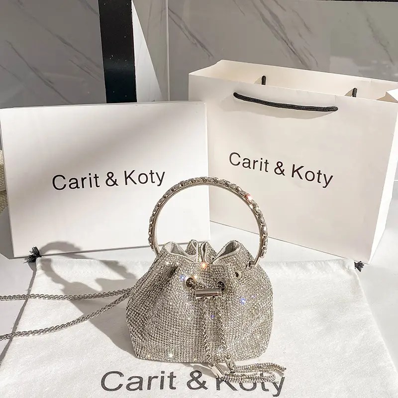 Rhinestones Diamond Evening Clutch Bag Luxury Designer Metal Ring Women's Handbag Wedding Party Bling Bucket Purse Shoulder Bag - Image 2