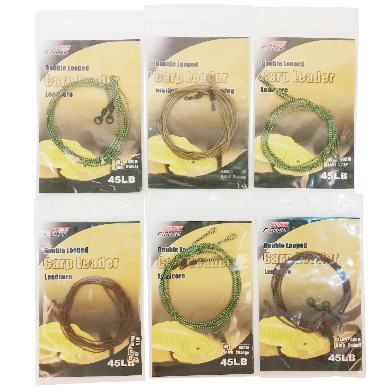 FREE FISHER 6Pcs Fishing Carp Line 45LB Mixed Braided Double Looped Fly