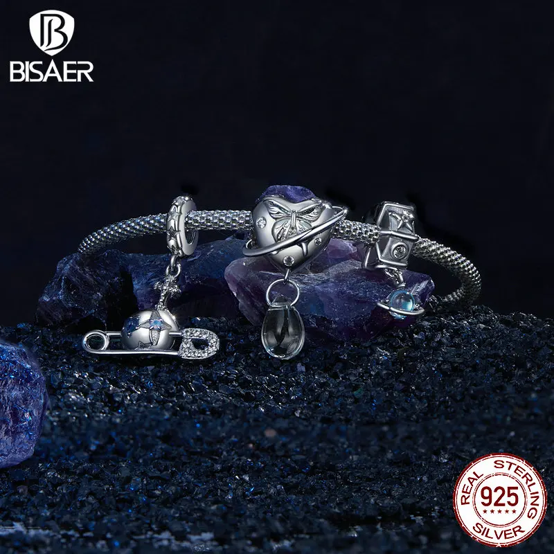 BISAER 925 Sterling Silver Bow Box Planet Pendant Starry Stopper